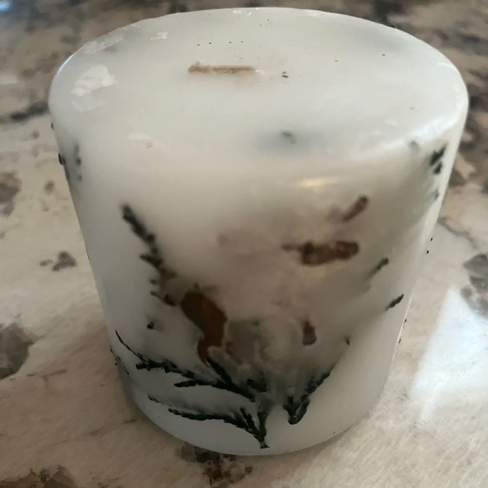 Decorative White Candle with Moose and greenery embedded & Green Leaf Holder.